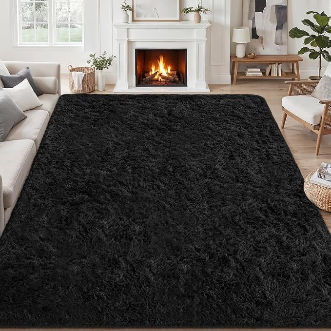 Area Rug for Living Room Bedroom: 6x9 Soft Fluffy Shag Rugs Upgrade Non-Slip High Pile Carpet Large Fuzzy Plush Indoor Floor Shaggy Carpets for Nursery Kid Playroom Office Dorms Home Decor Black