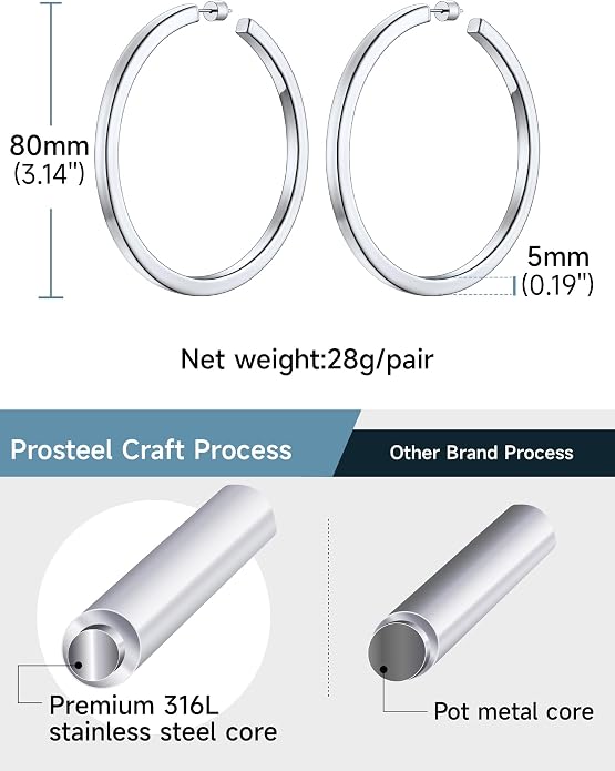 Stainless Steel Chunky Hoop Earrings For Women, Minimalist and Chic, Black/Gold Plated, Round Hoops Earrings Hypoallergenic, Size: 30mm/40mm/60mm/80mm, Come with Box