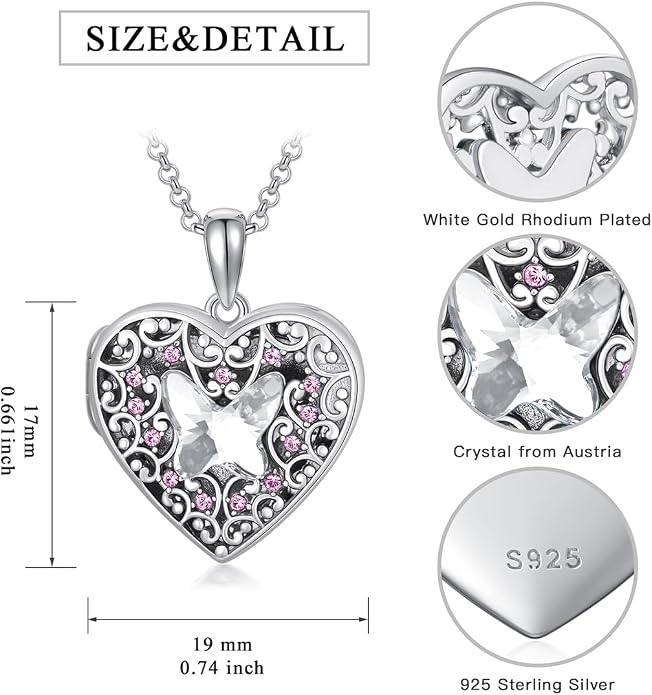 Dorunmo Personalized Locket Necklace 925 Sterling Silver that Holds Pictures Butterfly Birthstone Photo Heart Locket Custom Jewelry Congratulations New Beginnings New Job Gifts for Women