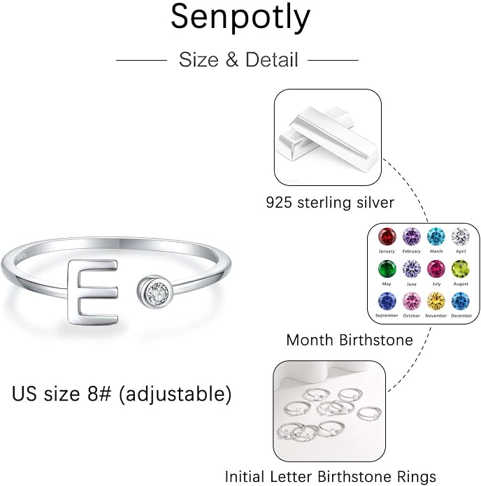 925 Sterling Silver Initial Letter Birthstone Rings for Women Adjustable 1-12 Month Birthstone Alphabet Stacking Ring for Teens Girls Stackable Birthstone Rings Birthday Jewelry Gift for Daughter Mom