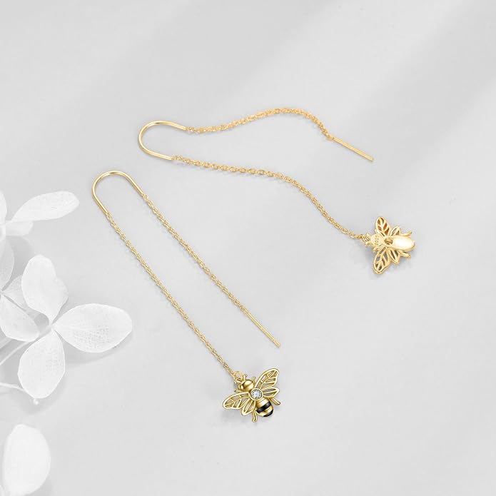 Sterling Silver 18K Gold Plated Bee Threader Dangle Earrings - Bumble Bee Pull Through Chain Jewelry Gifts for Women