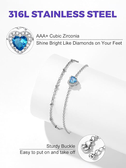 Richsteel Double Layer Heart/Butterfly Birthstone Anklet for Women Non Tarnish Waterproof, Silver/Gold/Black Stainless Steel 8.5-10.5 Inch Adjustable Chain Anklets Jewelry Gifts for Her