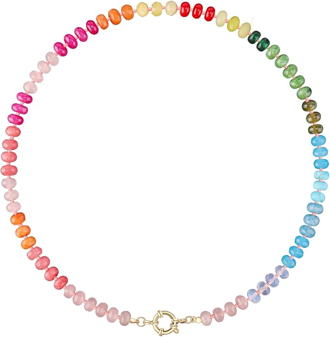 LALAPPLE Colorful Beaded Gemstone Necklace for Women, Boho Rainbow Bead Choker with Natural Stone Crystal Beads, Handmade Summer Beach Necklace Jewelry