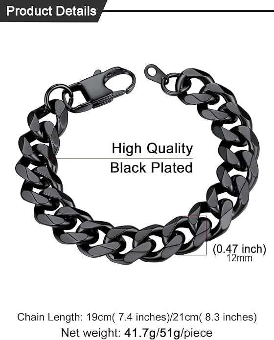 U7 Link Bracelets for Men, Cuban Link/Rope/Watch Band Solid Bracelet, Silver Black Gold Color Wrist Bracelet 3/6/9/12/15mm Width, 6.5/7.5/8.3 Inch Length, Hand Chain Jewelry for Mens Women