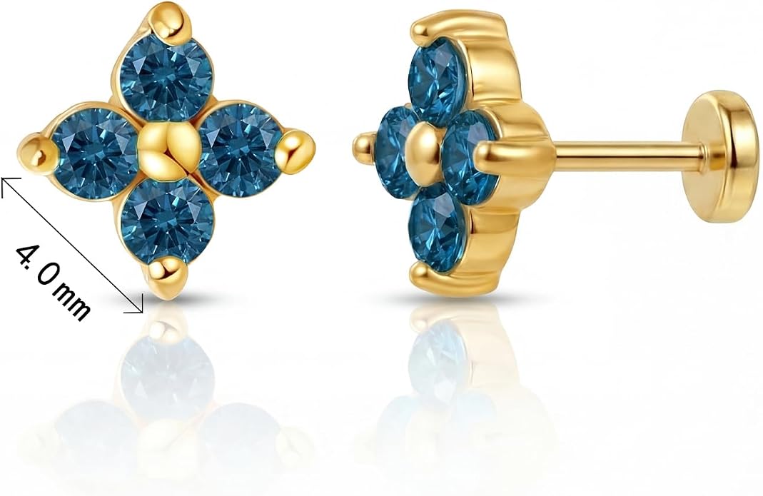 FANSING Short Threadless Cartilage Earring Stackable CZ Birthstone Flat Back Earrings for Women Small Stud Earrings for Tragus Helix Earlobe 18K Gold Plated ‌Rainbow 5.0mm