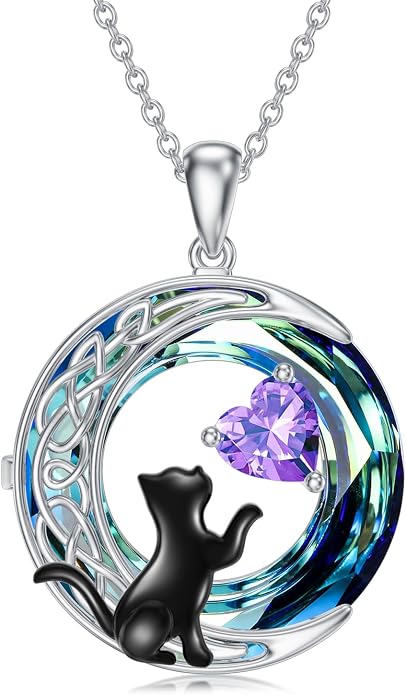 TOUPOP Cat Gifts for Cats Lovers 925 Sterling Silver Black Cat Necklace Celtic Moon Birthstone Jewelry for Women Anniversary Birthday Gift for Her Wife Mom