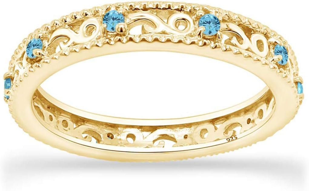 Jewel Zone US Filigree Eternity Wedding Band Ring for Women, Round Cut Simulated Gemstone Stackable Promise Ring in 14K Gold Plated 925 Sterling Silver Band Width 3.5mm – Elegant Jewelry for Her