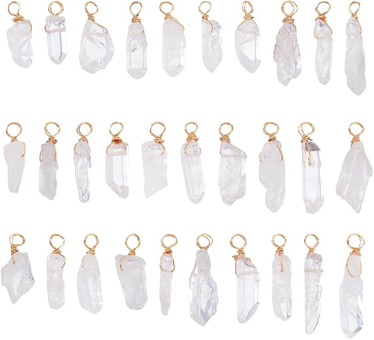 AHANDMAKER 30pcs Natural Quartz Crystal Pendant, 1 Inch Golden Copper Wire Wrapped Gemstone Charm Knotting Crystal Beads Column Drop for Earring Necklace Jewelry Making, Hole 2.8mm