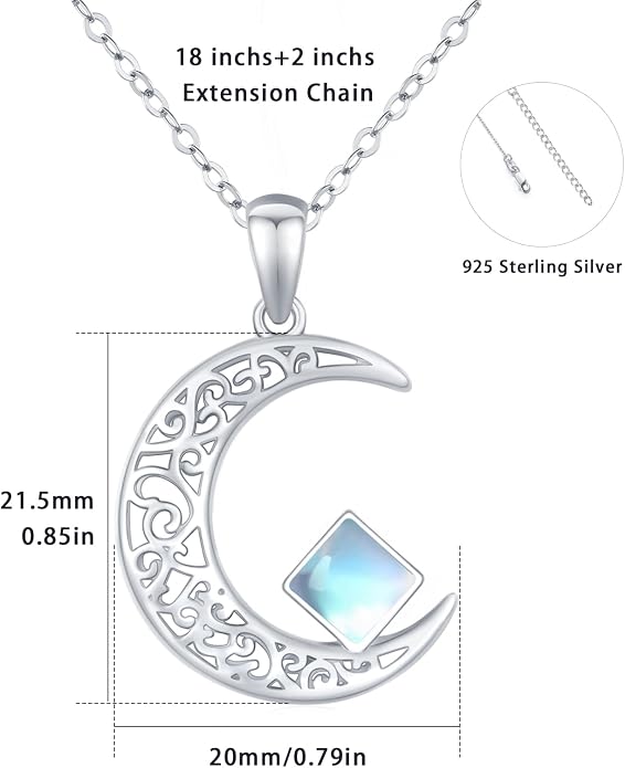TRISHULA Moon Star Necklace, 925 Sterling Silver Crescent Moon Sun Pendant with Moonstone Crescent Jewelry Gift for Her Sister Birthday Christmas