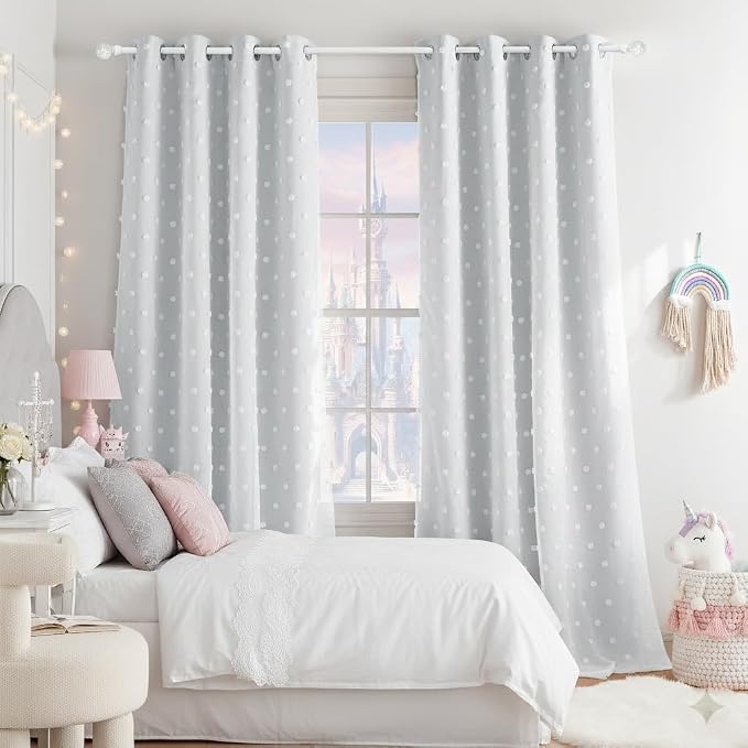 PONY DANCE White Curtains for Living Room 96 Inches Long, Thermal Insulated Room Darkening Curtains with Pom Pom Sheer, Double Layer Curtain for Girls' Bedroom, 52W x 96L, White, 2 Panels