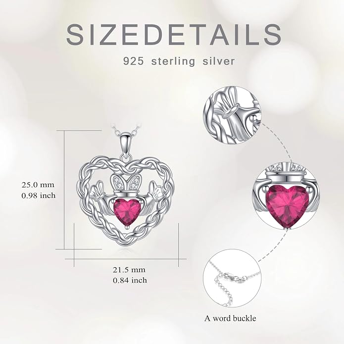 Birthstone Claddagh Heart Necklace 925 Sterling Silver Heart Celtic Knot Claddagh Necklace Pendant Irish Jewelry Gifts for Women Mom Wife Sister Christmas Birthday,18+2 inch