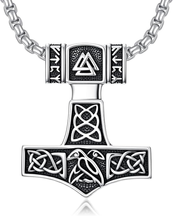 Viking Thor's Hammer Necklace 925 Sterling Silver Norse Mjolnir Amulet Pendant Jewelry for Men Women with 22''+2'' Stainless Steel Chain