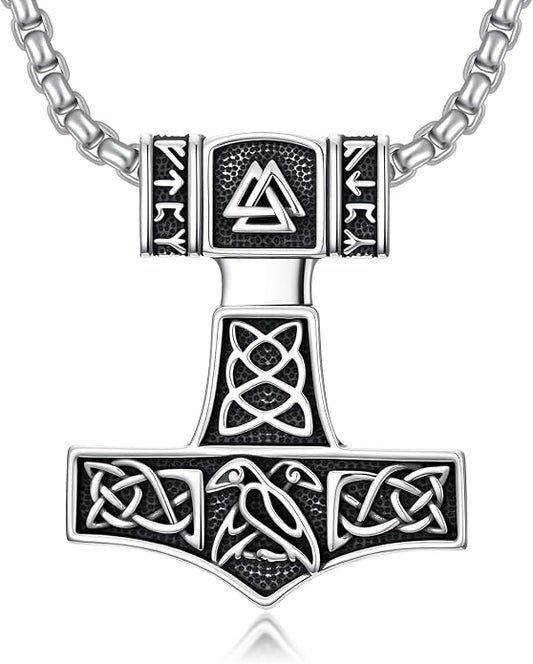 Viking Thor's Hammer Necklace 925 Sterling Silver Norse Mjolnir Amulet Pendant Jewelry for Men Women with 22''+2'' Stainless Steel Chain
