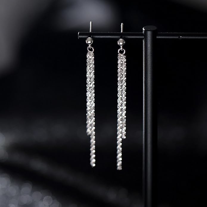 925 Sterling Silver Tassel Chain Dangle Earrings for Women Sparkling Long Fringe Dangle Drop Earrings Bling Line Minimalist Wedding Studs Earring Jewelry Birthday Christmas Gifts for Her