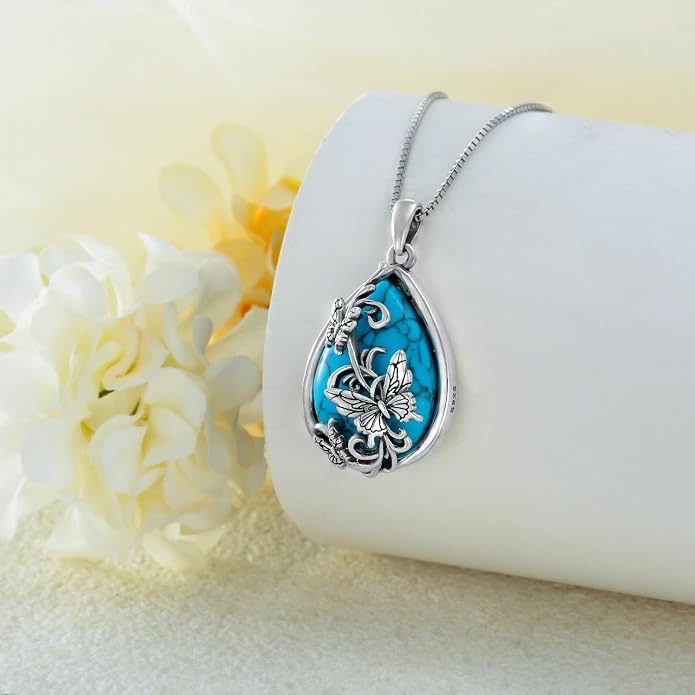 ROMANTICWORK Clover/AA/Ankh/Sun/Compass Necklace Sterling Silver Moss Agate Turquoise Butterfly/Dragonfly/Bee Pendant Jewellery Christmas Birthday Gifts for Women