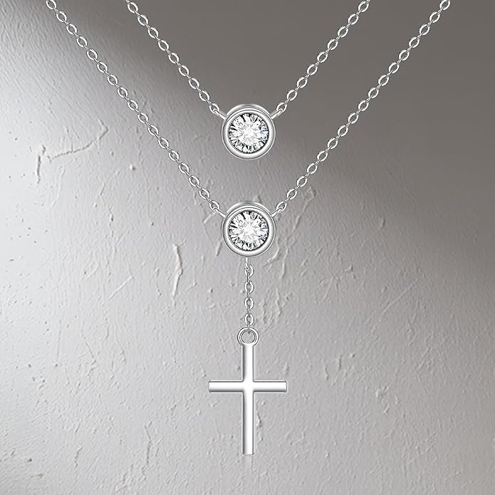 Layered Necklaces for Women S925 Sterling Silver 14k Gold Plated Cross Jesus Tulip Birth Month Flower Necklace Pendant Jewelry Mothers Day Birthday Gifts