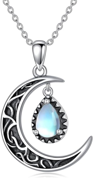 VONALA Crescent Moon Necklace Sterling Silver Emerald/Red/Purple/Black/Rainbow Topaz/Green/Aquamarine/Blue/Moss Agate Celtic Moon Teardrop Necklace Celtic Jewelry Gifts for Women Birthday