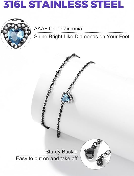 Richsteel Double Layer Heart/Butterfly Birthstone Anklet for Women Non Tarnish Waterproof, Silver/Gold/Black Stainless Steel 8.5-10.5 Inch Adjustable Chain Anklets Jewelry Gifts for Her