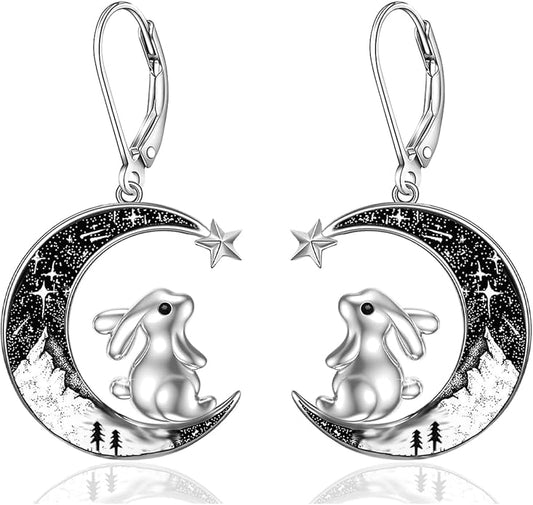Black Cat/4th of July/Bat/Spider/Pumpkin/Wolf/Bunny/Sun and Moon/Turtle/Raven 925 Sterling Silver Leverback Dangle Earrings Moon Gothic Christmas Earrings Jewelry Gift for Women