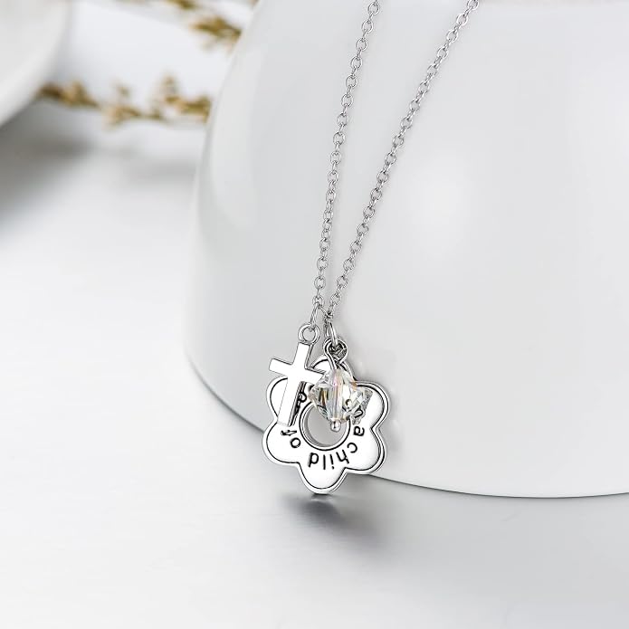 AOBOCO 925 Sterling Silver I Am a Child of God Daisy Necklace Jewelry Birthday Birthday Baptism Communion Gifts for Girls