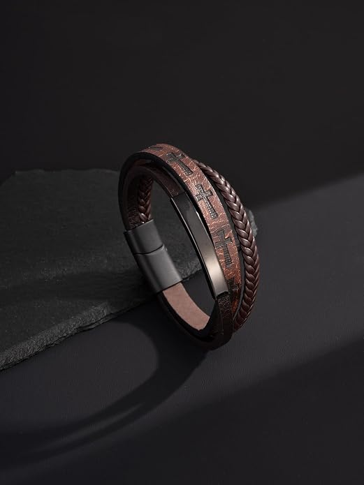 Mens Leather Cross Bracelet Multilayer Braided Wristband Bangle Bracelets with Stainless Steel Buckle Religious Gift for Men Brown/Black/Blue–8.3 inch