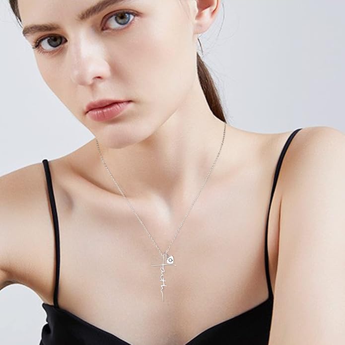 PRAYMOS Faith Cross Necklace for Women 925 Sterling Silver Pendant Necklace With Birthstone Initial Christian Religious Confirmation Baptism Mothers Day Gifts