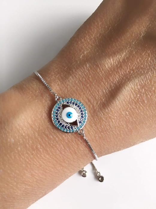 SIFRIMANIA Evil Eye Adjustable Sliding Bead Shiny Bracelet Lucky Charms Jewelry for Women of All Ages