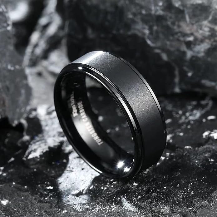 King Will 8mm Black Silver Mens Polished Tungsten Wedding Rings High Polish Surface Wedding Band Blue Silver Step Edge Comfort Fit