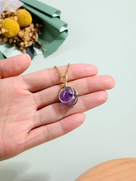 Top Plaza Amethyst Crystal Necklaces for Women Lucky Round Stone Wired Wrap Natural Healing Gemstone Pendant Purple Necklace Protection Jewelry Christmas Gift