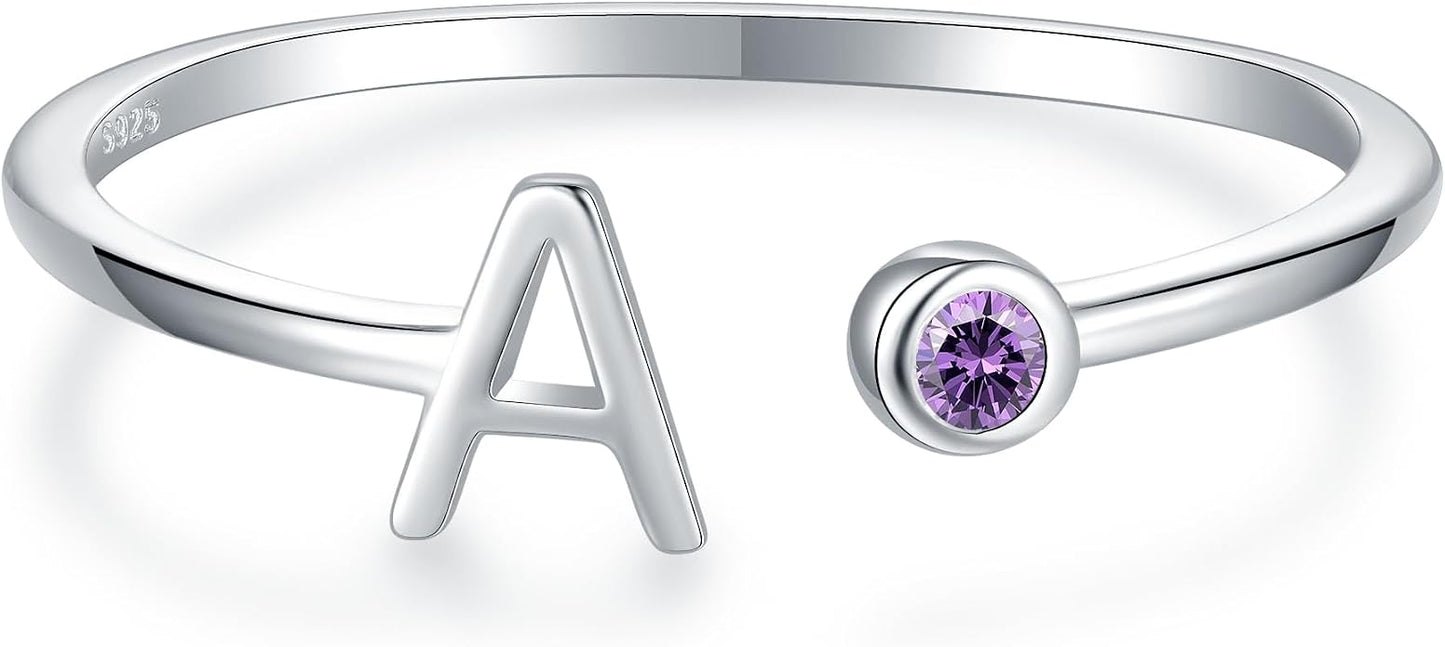925 Sterling Silver Initial Letter Birthstone Rings for Women Adjustable 1-12 Month Birthstone Alphabet Stacking Ring for Teens Girls Stackable Birthstone Rings Birthday Jewelry Gift for Daughter Mom