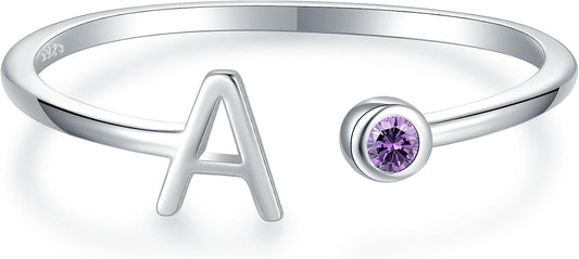 925 Sterling Silver Initial Letter Birthstone Rings for Women Adjustable 1-12 Month Birthstone Alphabet Stacking Ring for Teens Girls Stackable Birthstone Rings Birthday Jewelry Gift for Daughter Mom