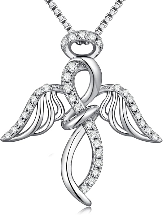 925 Sterling Silver Guardian Angel Pendant Necklace for Women with Birthstone Cubic Zirconia Little Angel Pendant Necklace Jewelry 18 inch Chain