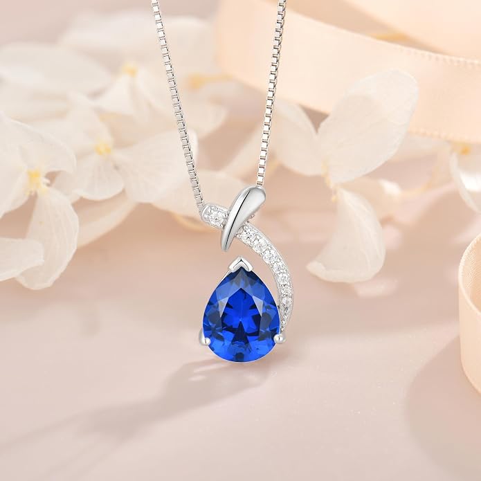 Teardrop Birthstone Necklace for Women,925 Sterling Silver Pear Cut Zircon Gemstone Pendant Necklace for Birthday Engagement Anniversary Wedding Jewelry