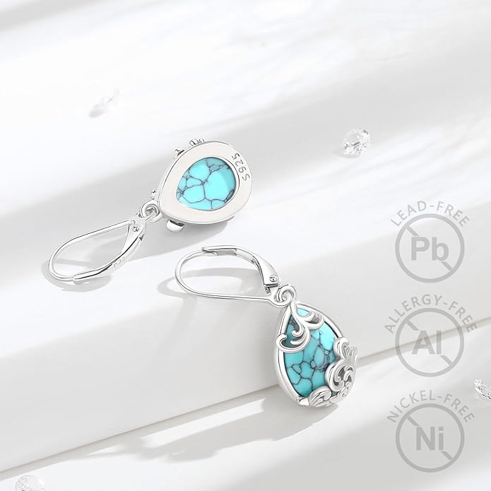 Vito 925 Sterling Silver Teardrop Earrings for Women, Moonstone Turquoise Drop Dangle Earrings Cat Snake Turtle Tree of Life Leverback Earrings Boho Jewelry Gift for Mom Wife