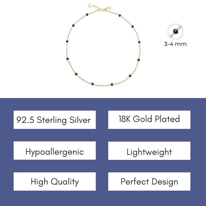 Blue Sapphire Necklace for Women, Premium Beaded Gold Necklaces - Tarnish Free 18K Gold Vermeil Certified S925 Classic Statement Necklace Gold Jewelry for Women - Mothers Day Gifts for Mom Wife