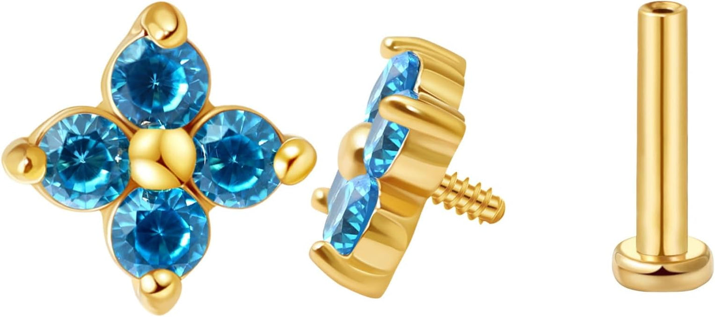 FANSING CZ Flower Internally Threaded Flat Back Earring Labret Stud for Cartilage Tragus Helix Conch