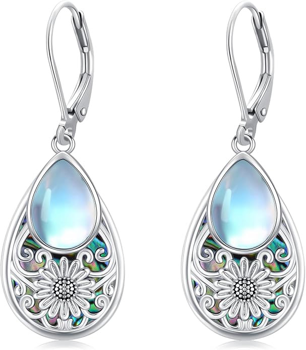 Dragonfly Filigree Earrings 925 Sterling Silver Teardrop Moonstone Abalone Shell Dangle Drop Earrings Filigree Jewelry Gifts for Women