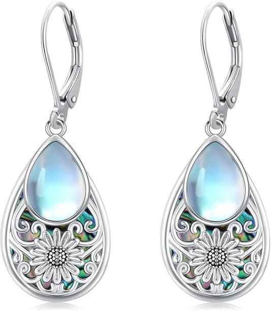 Dragonfly Filigree Earrings 925 Sterling Silver Teardrop Moonstone Abalone Shell Dangle Drop Earrings Filigree Jewelry Gifts for Women