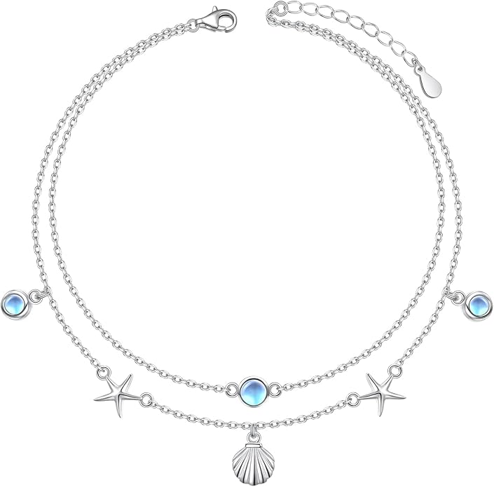Ladytree S925 Sterling Silver Boho Beach Double Layer Anklets Bracelet for Women Adjustable 9 to 11 inches