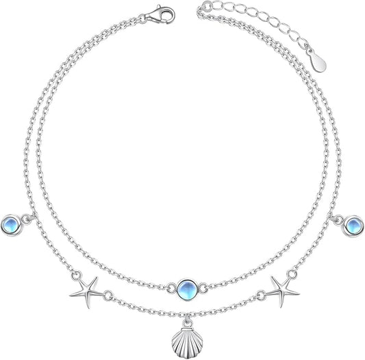 Ladytree S925 Sterling Silver Boho Beach Double Layer Anklets Bracelet for Women Adjustable 9 to 11 inches
