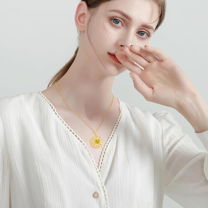 Crescent Moon Necklace for Women 18K Gold Plated Silver Moon and Sun Pendant with Gemstone Dainty Birthstone Jewelry Pendant Necklace for her