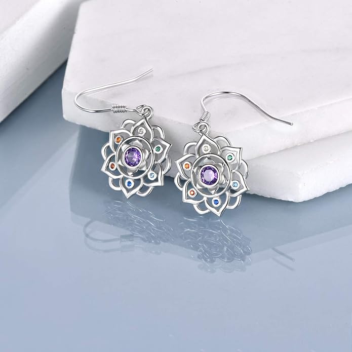 Lotus Earrings Sterling Silver Lotus Flower Dangle Drop Earrings Yoga Jewelry Gifts for Women