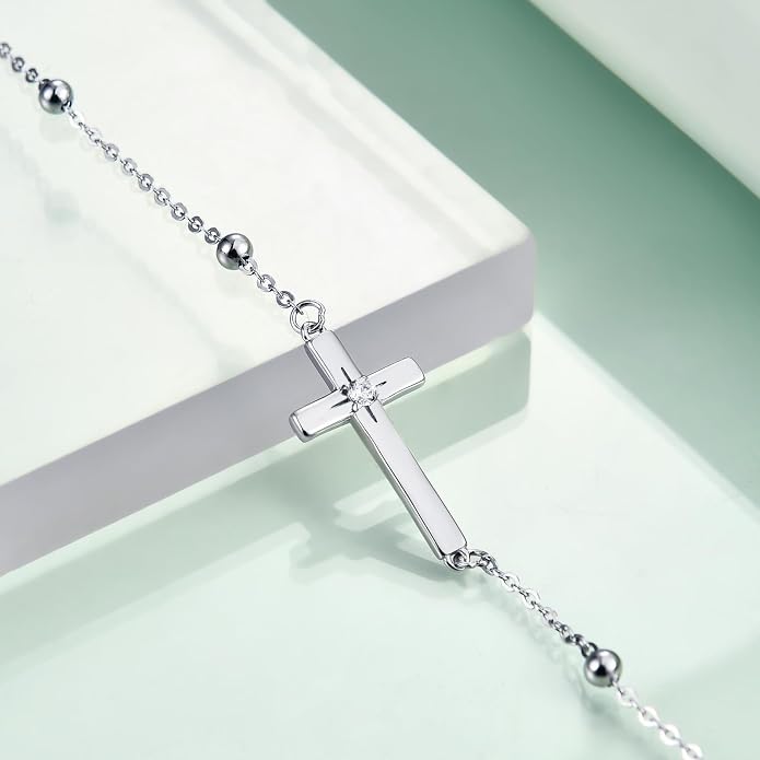 Rnivida 925 Sterling Silver Evil Eye Cross Chain Bracelet for Women,Adjustable