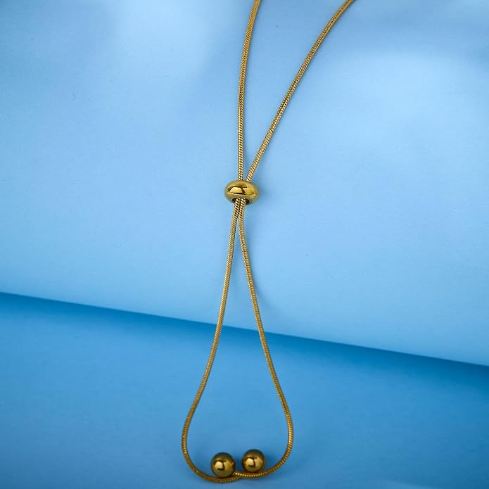 18k Gold Long Necklace for Women Dainty Snake Chain Bolo Adjustable Minimalist Round Bead Jewelry Trendy Simple Aesthetic Gifts for Her