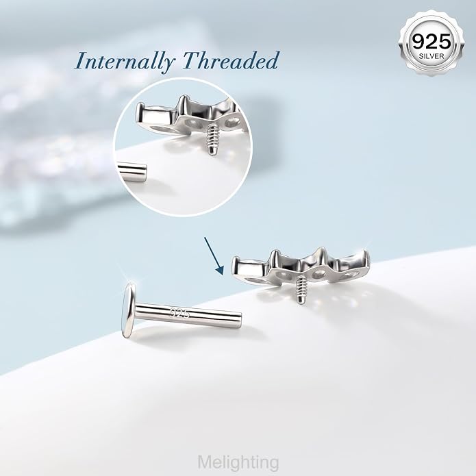 Melighting 16G Curved Helix Earring, Sterling Silver 925 Tragus Conch Stud Internally Threaded, Clear Marquise Round CZ Flat Back Lobe Labret Cartilage Piercing Jewelry for Women 6/8 mm