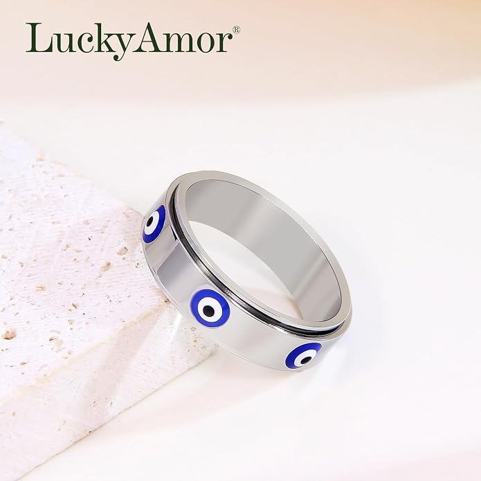 Evil Eye Fidget Ring for Women - 18K Gold Plated Stainless Steel Spinner Rings for Anxiety Relief, Ojo Turco Ring Luck Amulet, Turkish Faith Protection Stackable Jewelry Gift for Women Men