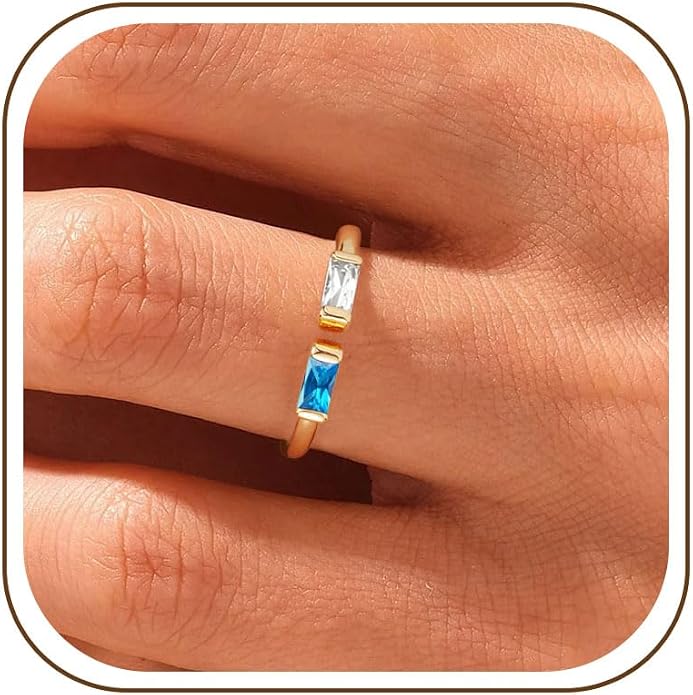 WFYOU Gold Birthstone Rings for Women - Non Tarnish Dainty 14K Gold Plated Stackable CZ Rings for Her & Couples - Personalized Jewelry Gift for Birthday