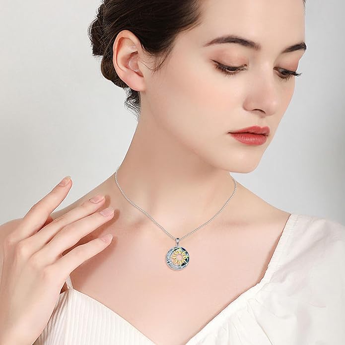 Sun and Moon Necklace for Women 925 Sterling Silver Celtic Crescent Moon Pendant Blue Opal/White Opal/Abelone Shell/Labradorite/Moonstone Jewelry Gift for Teen Girls