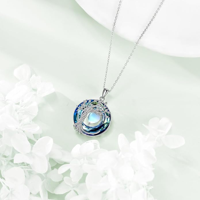 POPLYKE Mothers Day Gifts for Mom Her Wife Tree of Life Necklace 925 Sterling Silver Birthstone Pendant with Crystal Anniversary Birthday Wedding Jewelry for Women