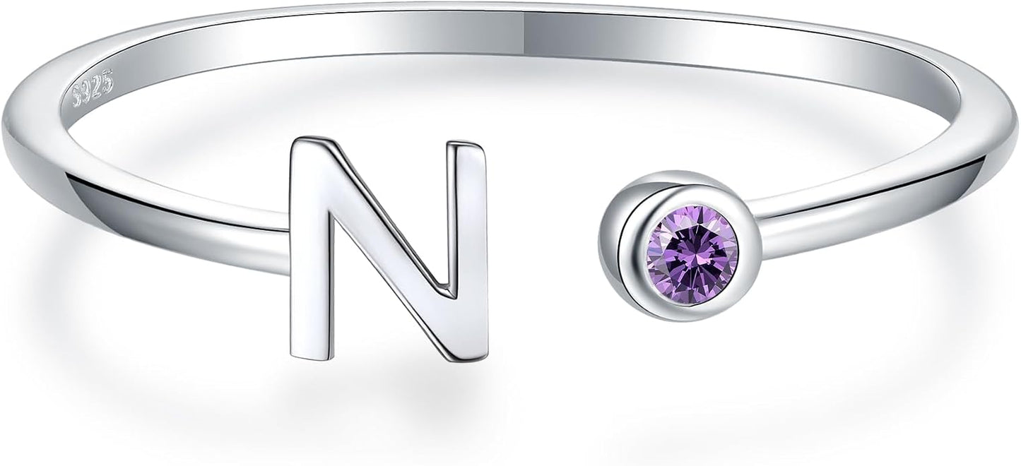 925 Sterling Silver Initial Letter Birthstone Rings for Women Adjustable 1-12 Month Birthstone Alphabet Stacking Ring for Teens Girls Stackable Birthstone Rings Birthday Jewelry Gift for Daughter Mom